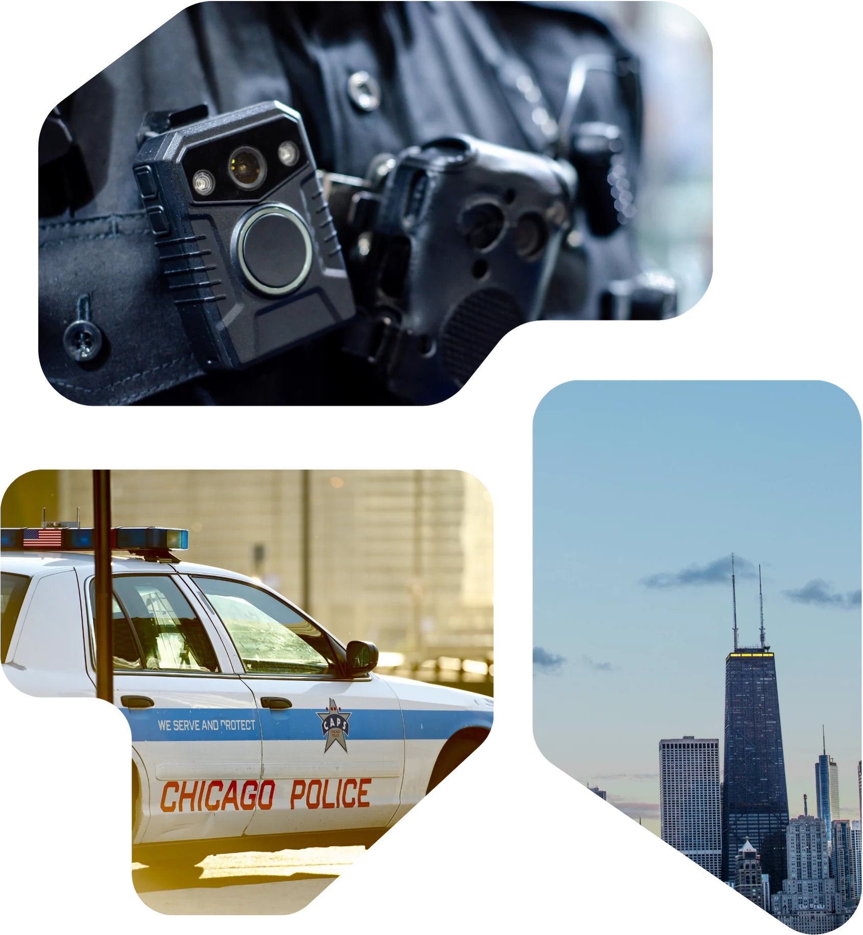 We The Revolt collage: Chicago police, a body camera and the Chicago skyline