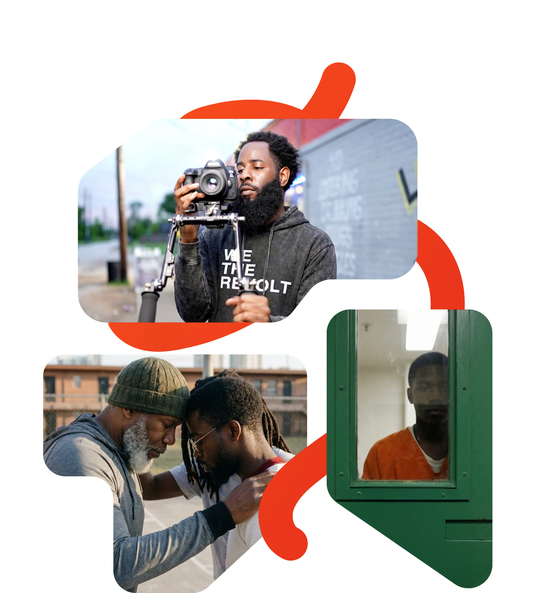 We The Revolt collage: a filmmaker with a camera and young men in conversation