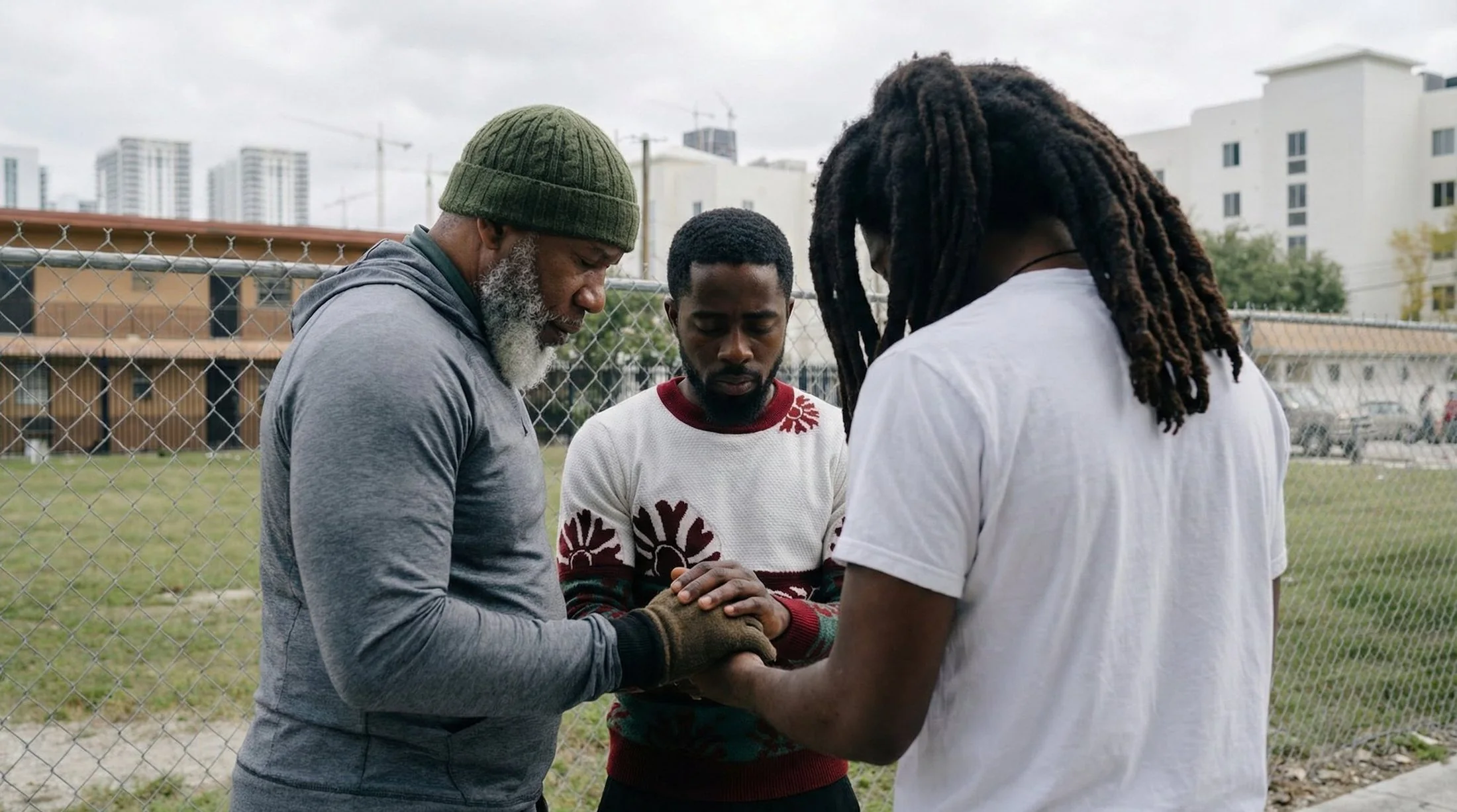 A mentor and two young men clasp hands in prayer outside