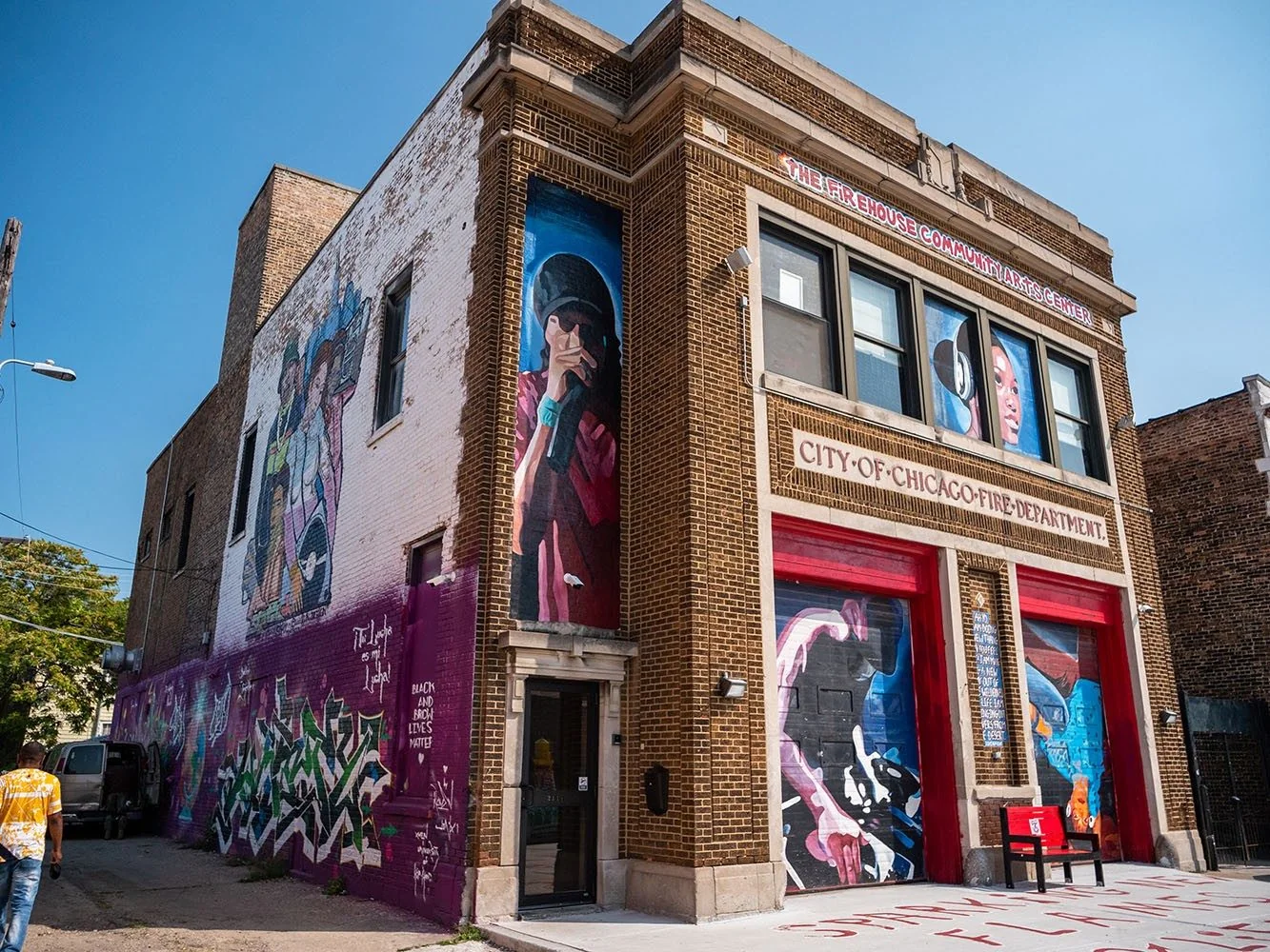 The Firehouse Community Arts Center in Chicago, a brick firehouse covered in murals