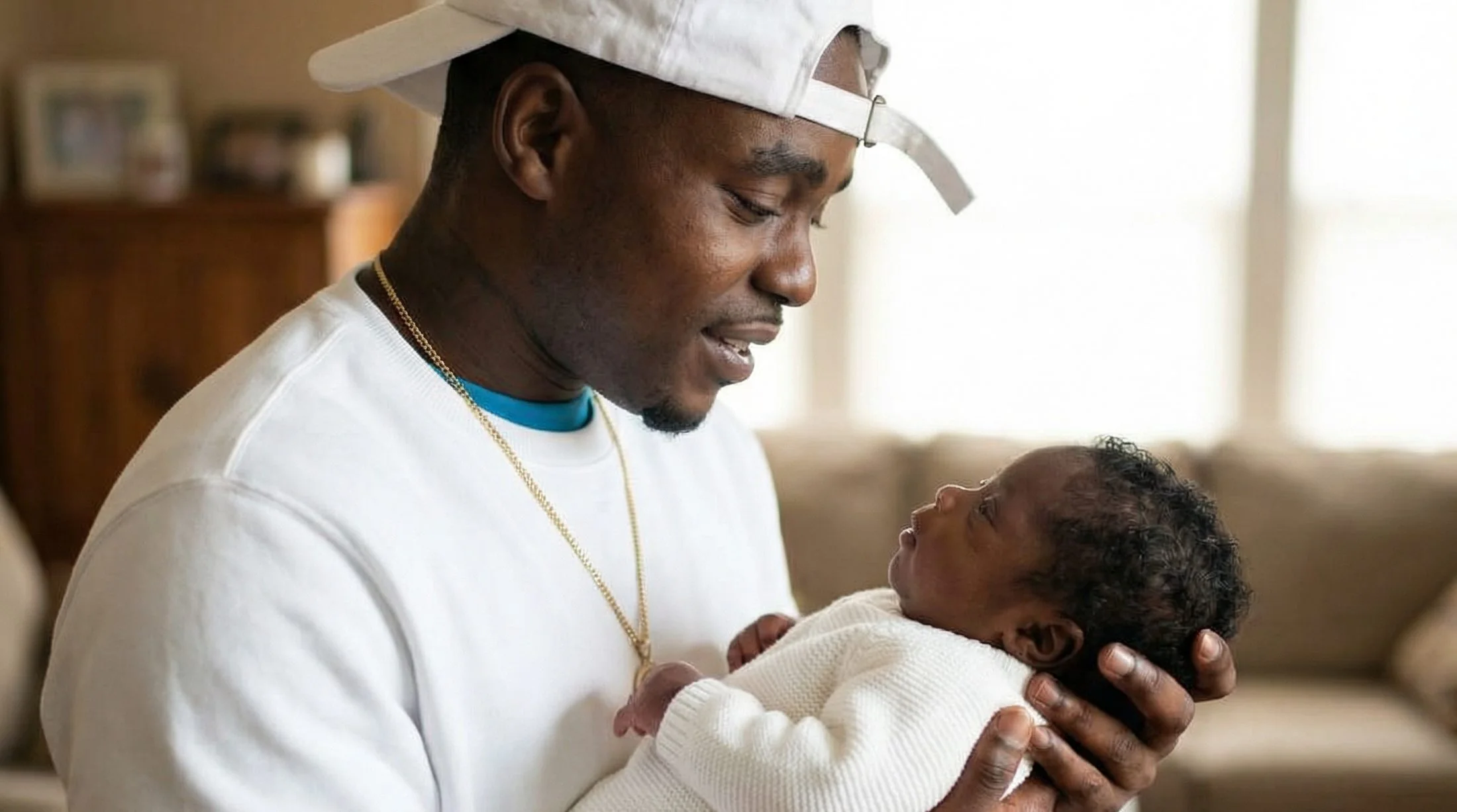 A young father holds his newborn