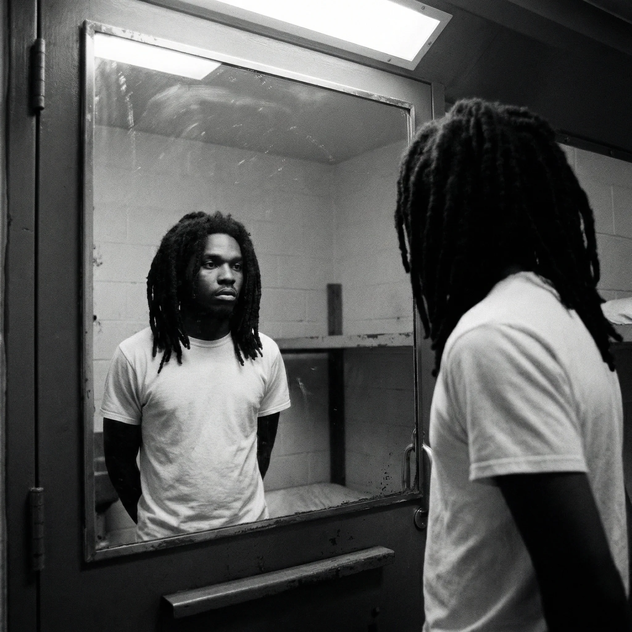 A young man in a facility faces his reflection in a mirror