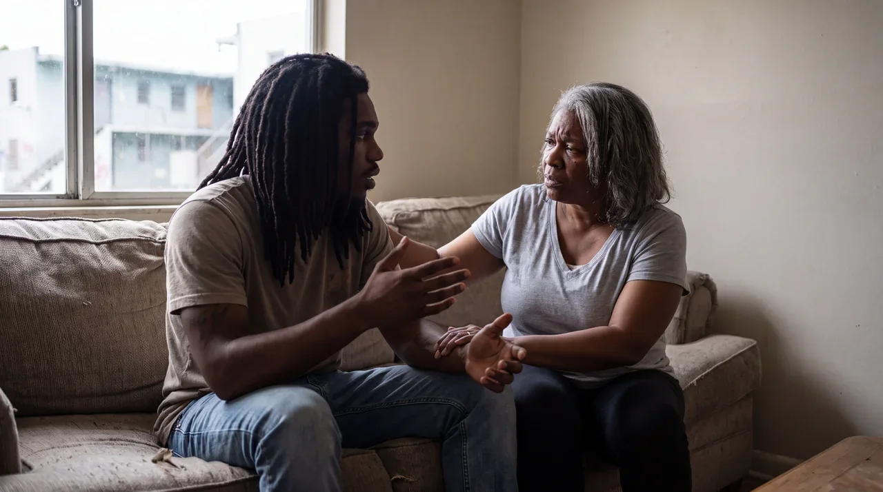 A young man and his mother talk together on a couch