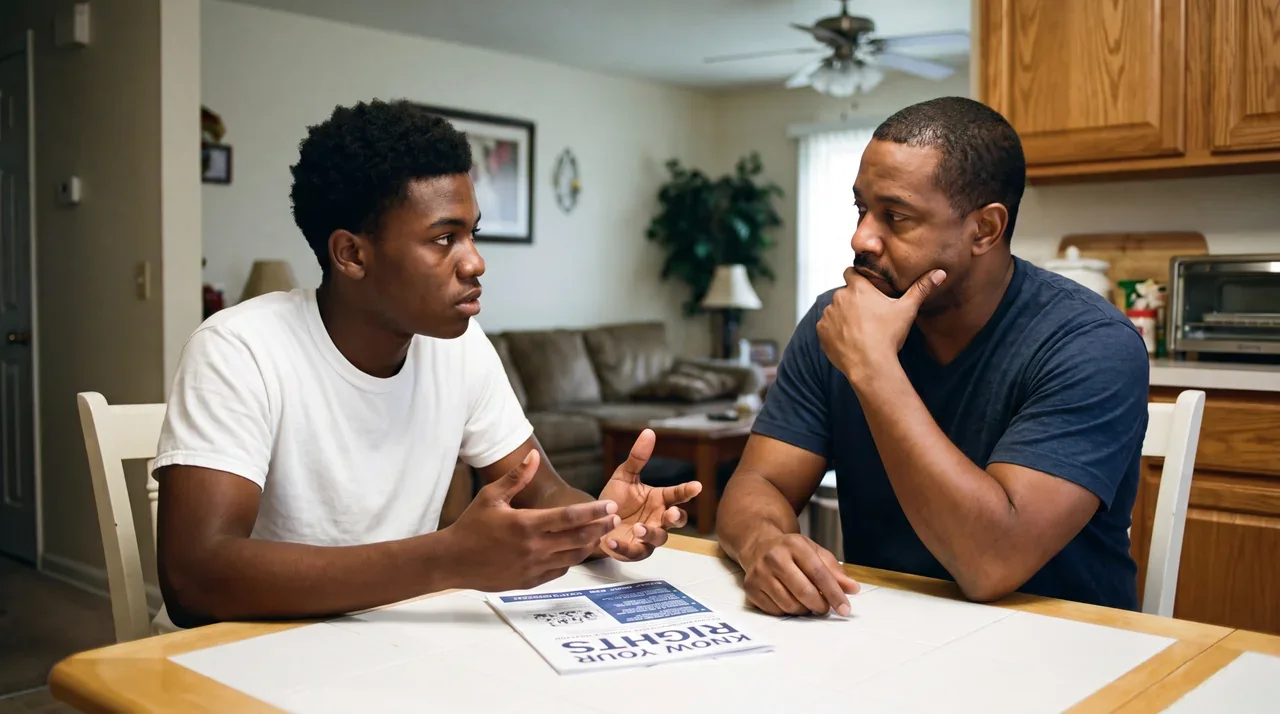 A father and teenage son talk at a kitchen table