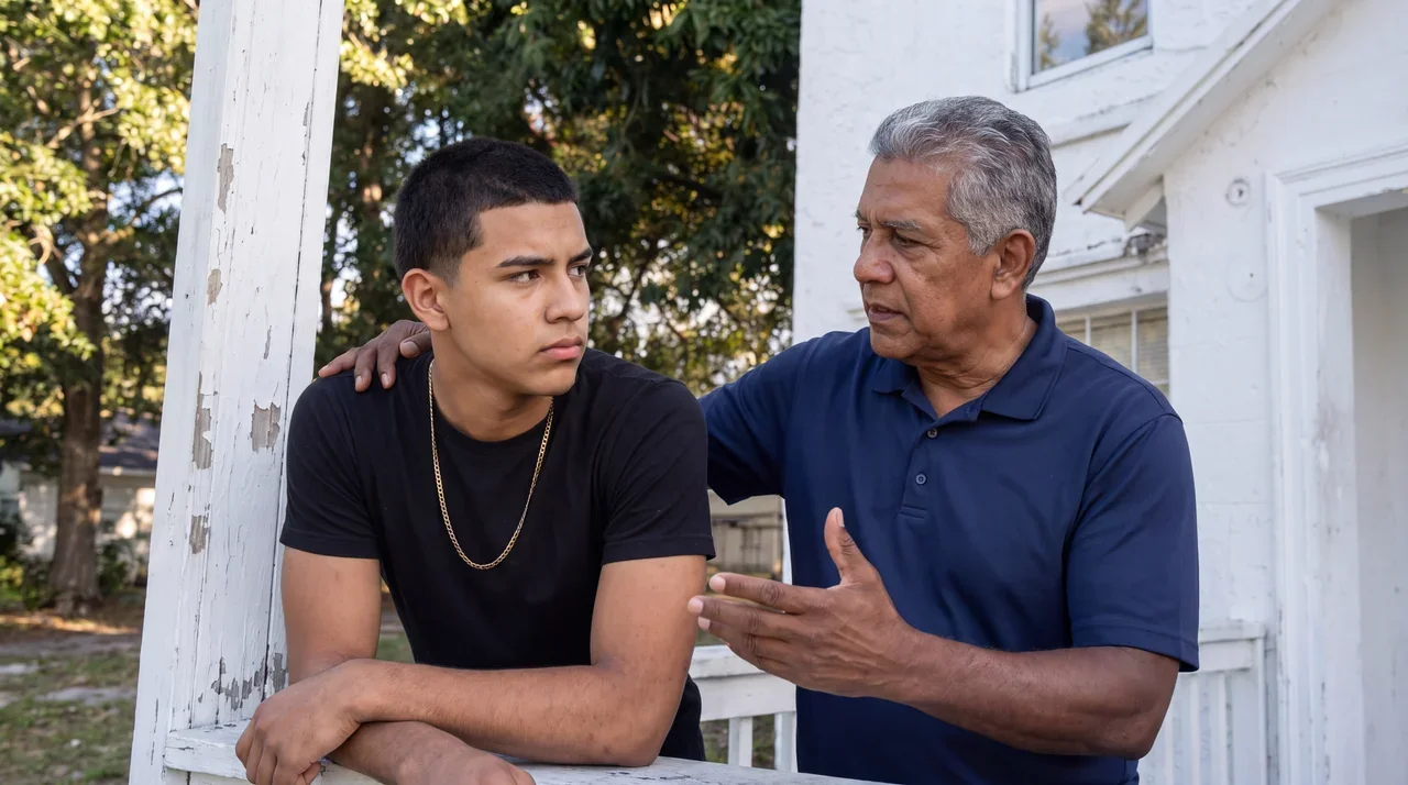 An older man talks with a teenage boy on a front porch
